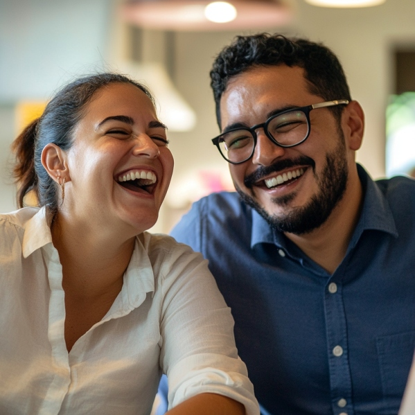 Twee personen, een man en een vrouw die samen hard aan het lachen zijn