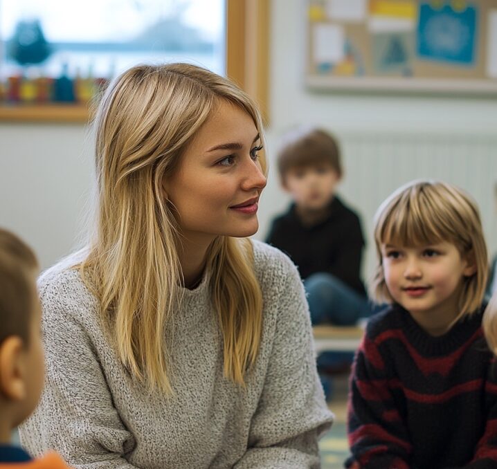 Een jonge vrouw werkt in het onderwijs.